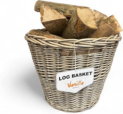 Vanilla Leisure Log Basket Large Round Hessian Lined Wicker Firewood Storage