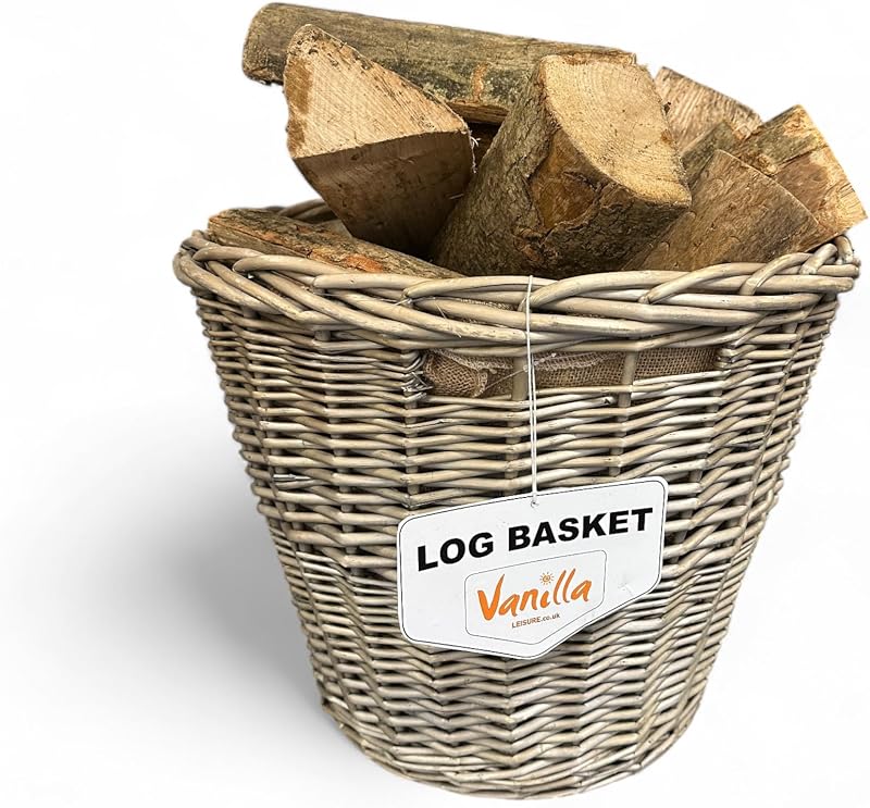 Vanilla Leisure Log Basket Large Round Hessian Lined Wicker Firewood Storage