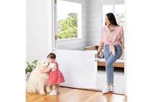Retractable Baby Gate Perma Child Safety 33" Tall x 71” Wide, Mesh, for Stairs, Doorways, Dogs, Pets, Indoor, Outdoor, One-Handed Operation, Locking, Easy Install, Hardware Mount, White