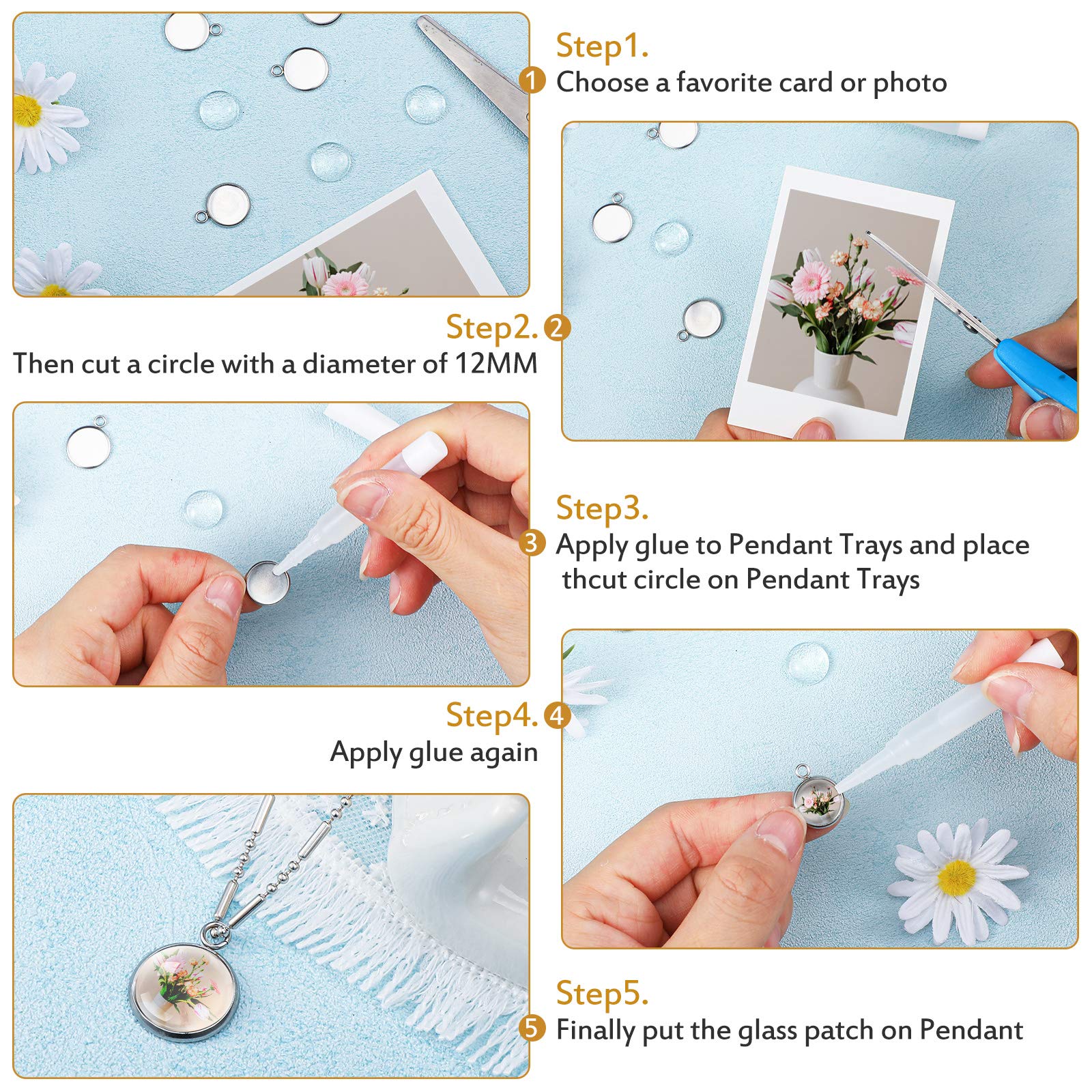 Hicarer 120 Pieces 16mm Stainless Steel Pendant Tray Blanks Kit Including 60 Pcs Silver Round Frame Tray Bases and 60 Pcs Clear Glass Cabochons Pendant for DIY Jewelry Making