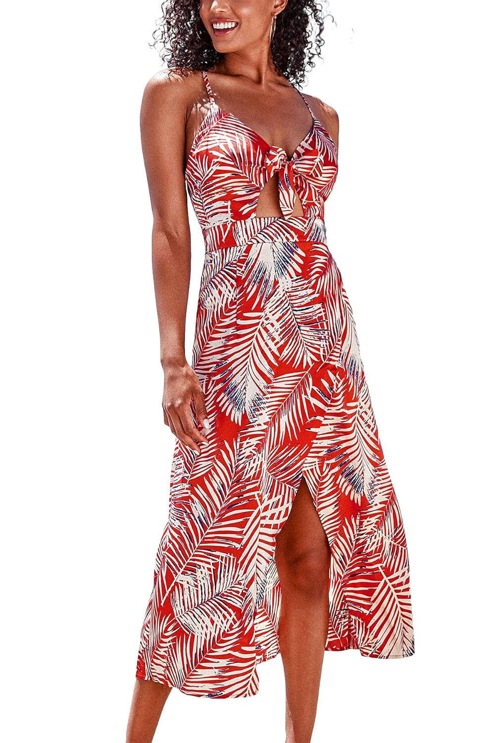 Buy CUPSHE Women's Red Leaf Print Sleeveless Knot V Neck Dress, XS at