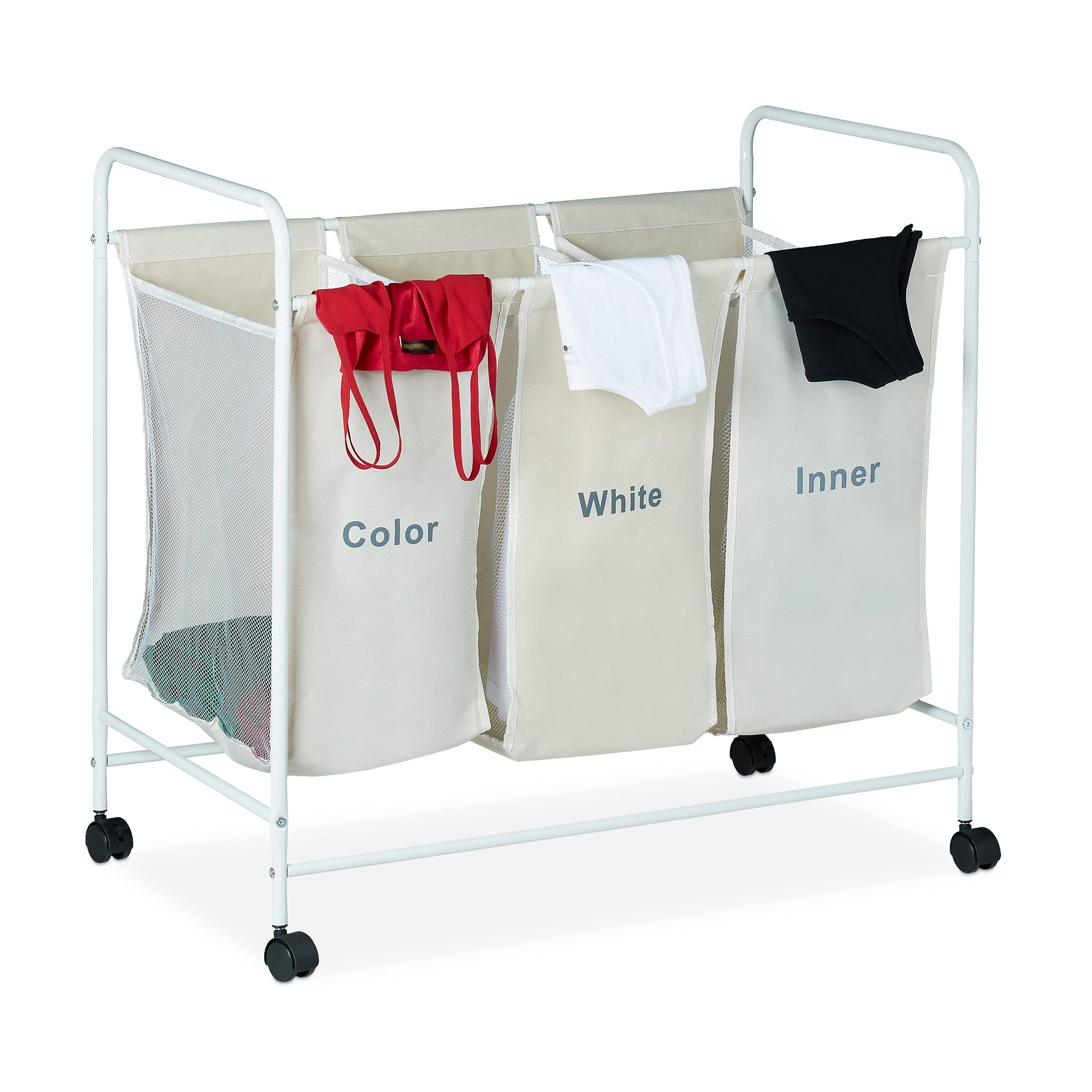 Relaxdays Laundry Sorter with 3 Labelled Compartments, Casters with Brakes, 100L Capacity, HxWxD 76 x 80 x 46cm, Beige