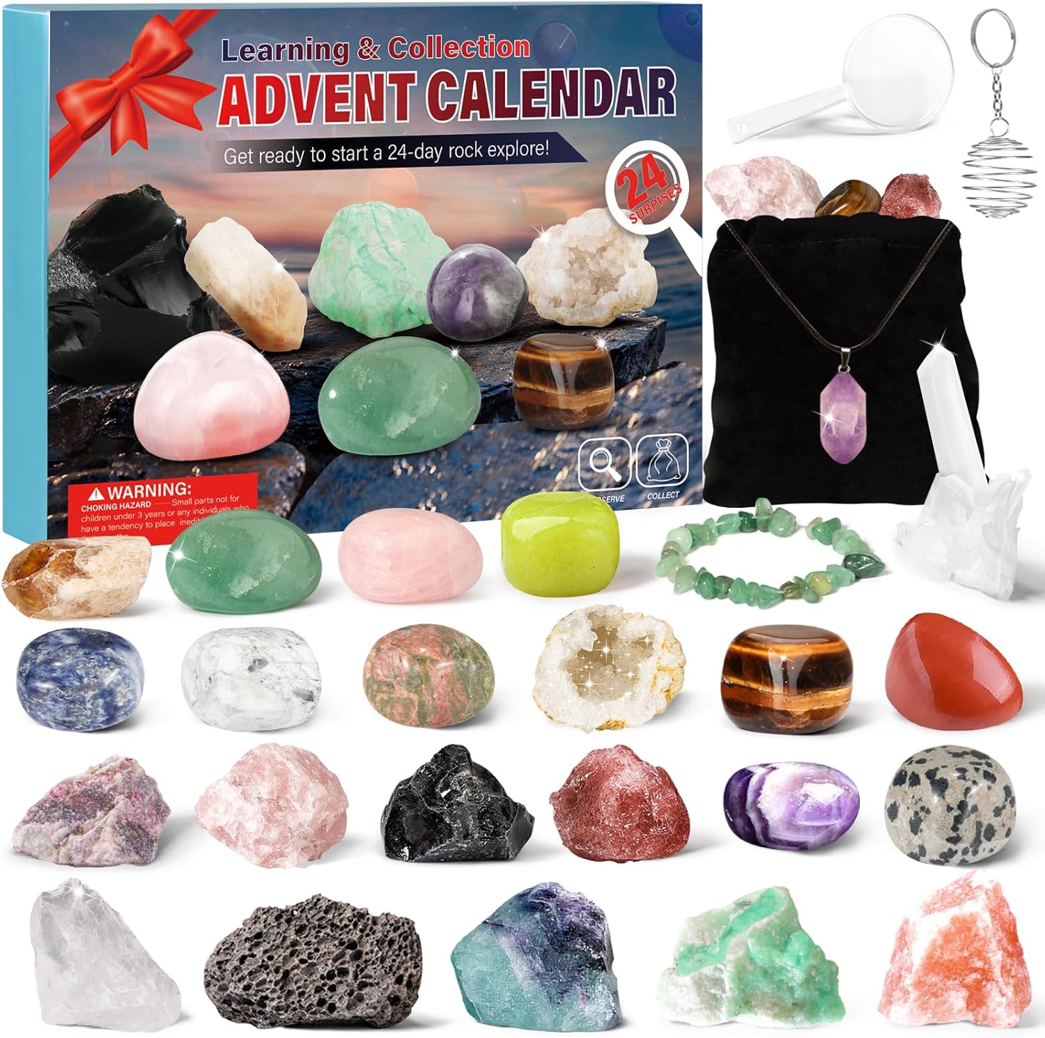 Advent Calendars - Crystal Advent Calendar 2023 Adult Kids-24 Days Rocks, Minerals, Gemstones,Geode Explore Treasure,Stone Learning Geology Enthusiasts Collection Advent Calendar,Christmas Scientific Gift for Girls Boys