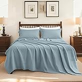 QKTE Flax Linen Cotton Sheet Set Queen Size, 4PCS Natural Linen Blend Bed Sheet with 1 Flat Sheet, 1 Fitted Sheet & 2 Pillowcases, Soft & Breathable Farmhouse Bedding Set for Hot Sleepers, Dusty Blue
