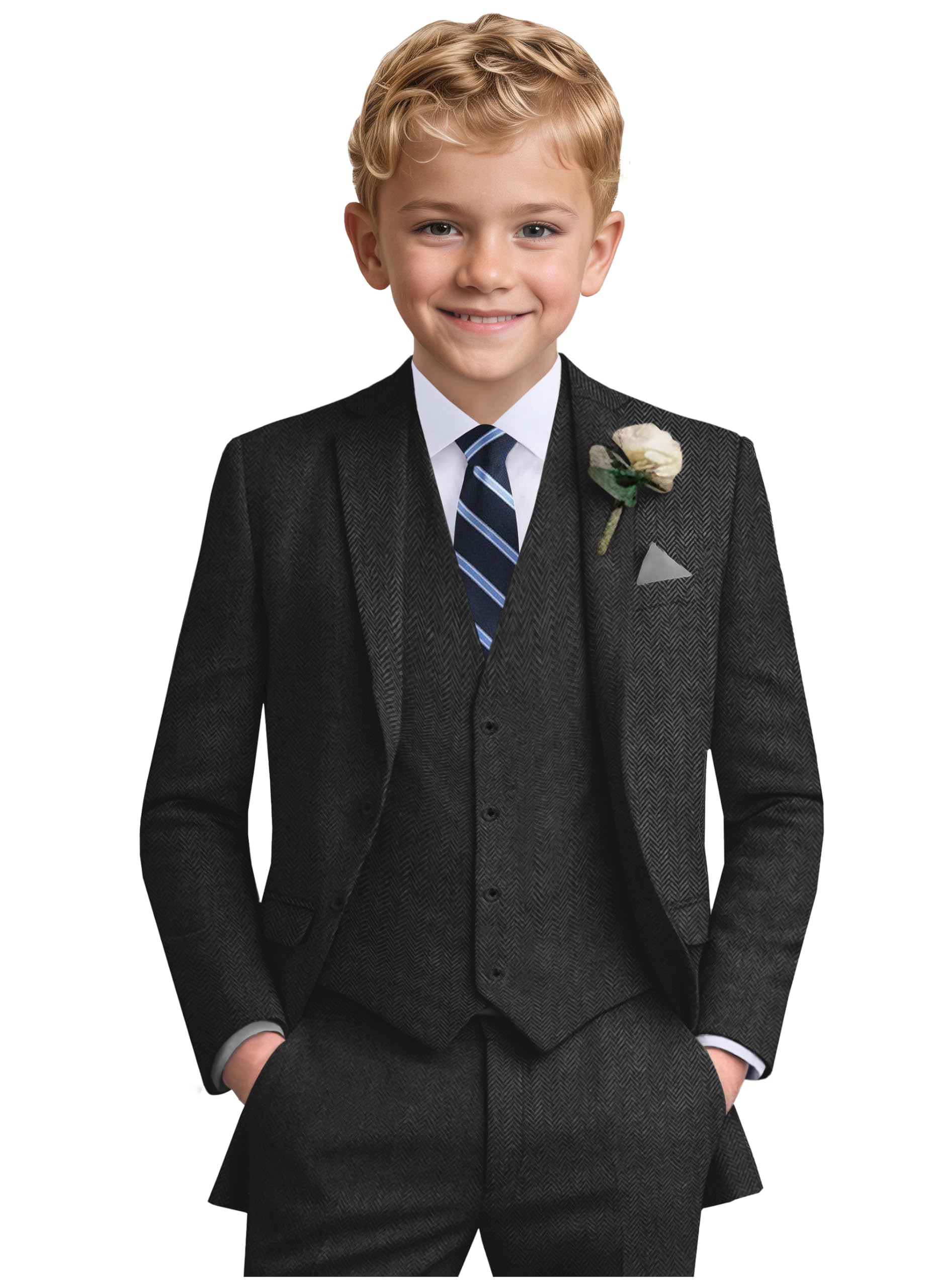 Photo 1 of *MISSING PANTS* Boys Suit 6pcs Tweed Herringbone Black Suits for Kids Slim Fit Tuxedo Formal Jacket Wedding Blazer Vest Pants Set with Tie 16