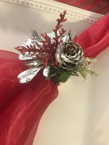 Red Branches and Silver Pinecone Napkin Ring Holder For Christmas