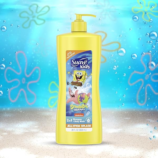 SUAVE KIDS 3 IN1 SHAMPOO & BODY WASH FOR KIDS NICKELODEON SPONGEBOB DERMATOLOGIST-TESTED AND TEAR-FREE, STRAWBERRY, YELLOW, 28 FL OZ