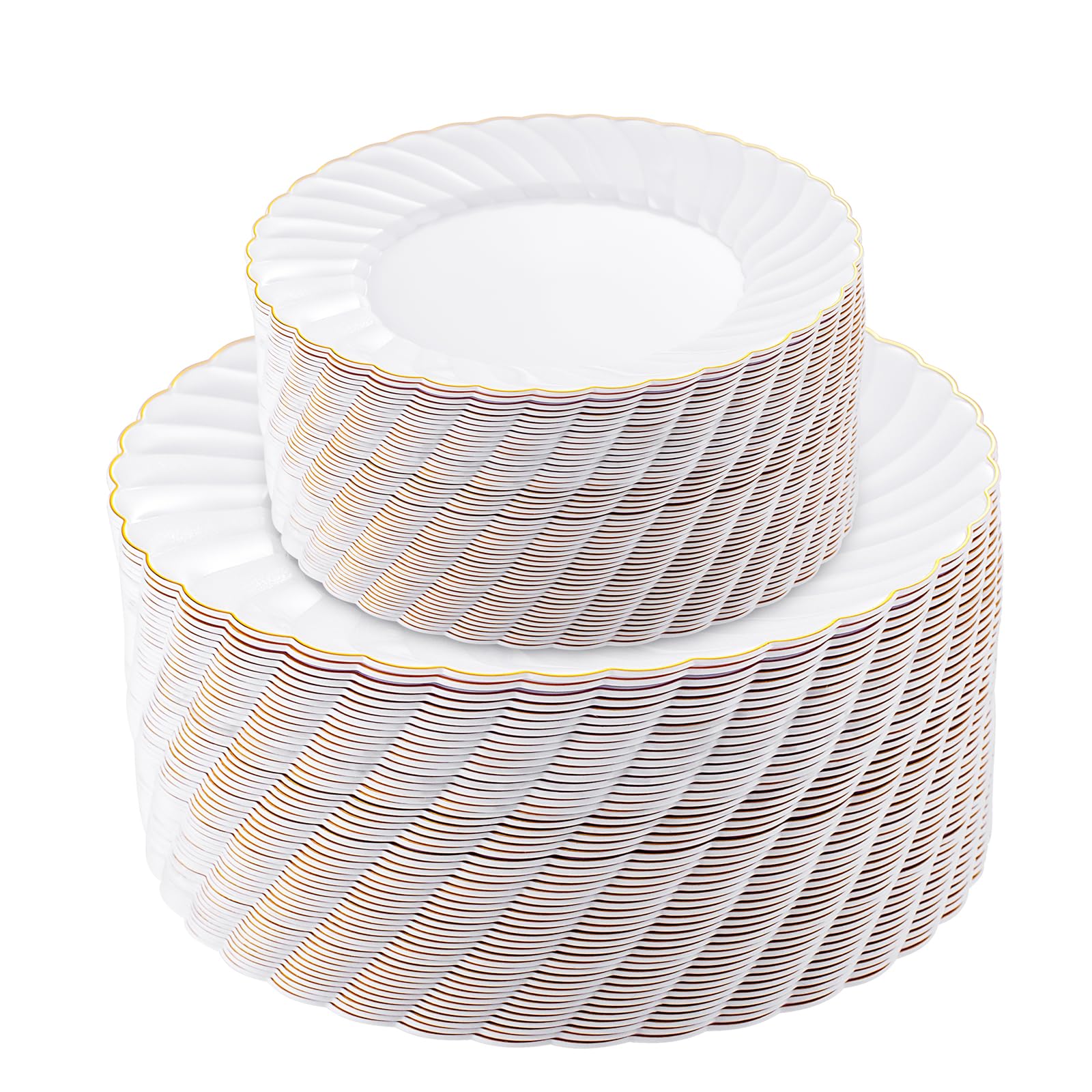 Photo 1 of U-QE 100 Pieces Gold Plastic Plates - Premium White Plastic Plates for Party, Wedding and Daily Use Including 50PCS 9 '' Plastic Dinner Plates & 50PCS 6.5 '' Plastic Dessert Plates