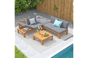 SUNSITT 4 Piece Acacia Wood Patio Furniture Outdoor Sectional Sofa Set with Adjustable Armrest, FSC Certified L-Shaped Patio Set w/2-in-1 Coffee Table, Grey Cushions