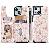 ZCDAYE for iPhone 13/iPhone 14 Wallet Case with Card Holders,PU Leather Double Magnetic Clasp Kickstand Trendy Girly Women Case for iPhone 13/iPhone 14,Pink Flowers