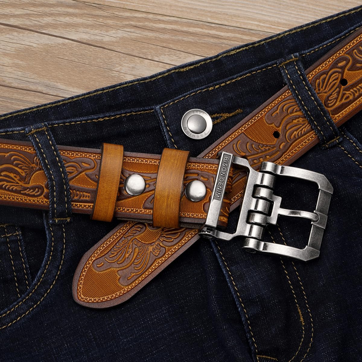 BISON DENIM Herrengürtel Leder Kleid Echtes Leder Classic Heavy Duty Schnalle Gürtel Casual für Jeans 5