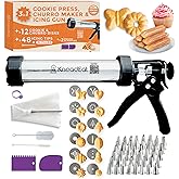 KneadEat 68-Piece Spritz Cookie Press, Churro Maker, Frosting Piping Kit | 304 Stainless Steel 3-in-1 baking tool, 12 discs, 48 icing tips, XL filler &amp; piping bag for churros, cookies, cake decorating