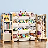 Toy Storage Organizer with Bookshelf and Stuffed Animal Storage - Kids Playroom Organization with Shelves and 12 Toy Bins - Toddler Living Room Toy Box for Lego - Nursery Bedroom Decor Essentials