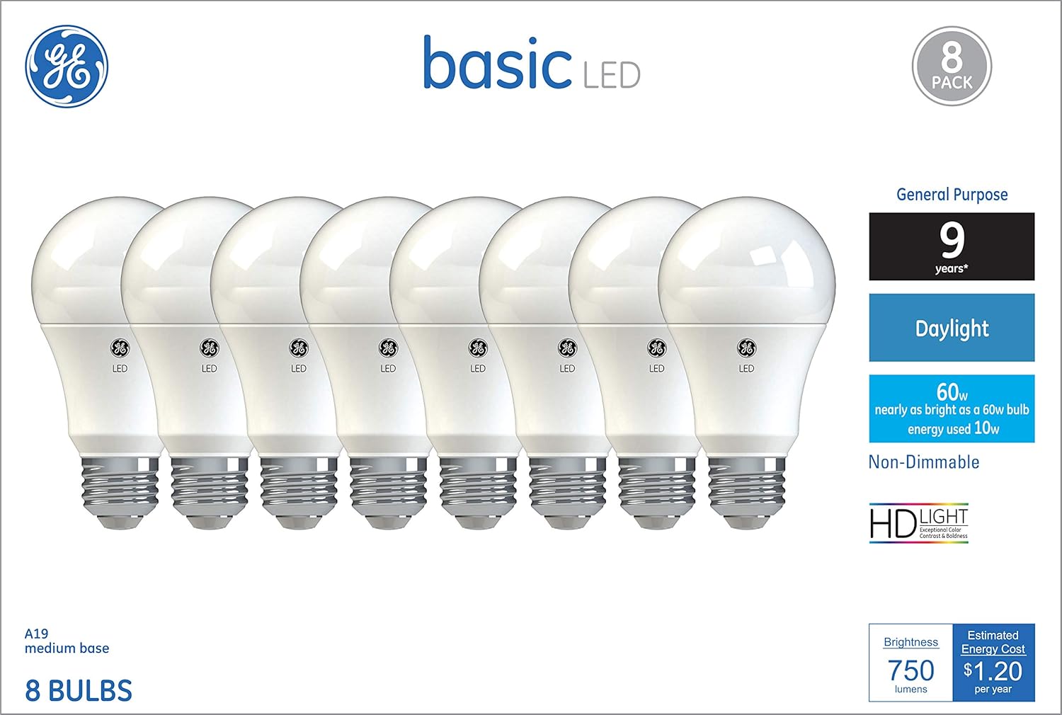 GE Lighting 37048 Light Bulb General Purpose Basic A19 Daylight LED 10 (60-Watt Replacement), 750-Lumen Medium Base, 8-Pack,