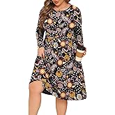 POSESHE Women's Plus Size Dresses Long Sleeves Crew Neck Casual Dresses Empire Waist Loose Flowy Dress with Pockets