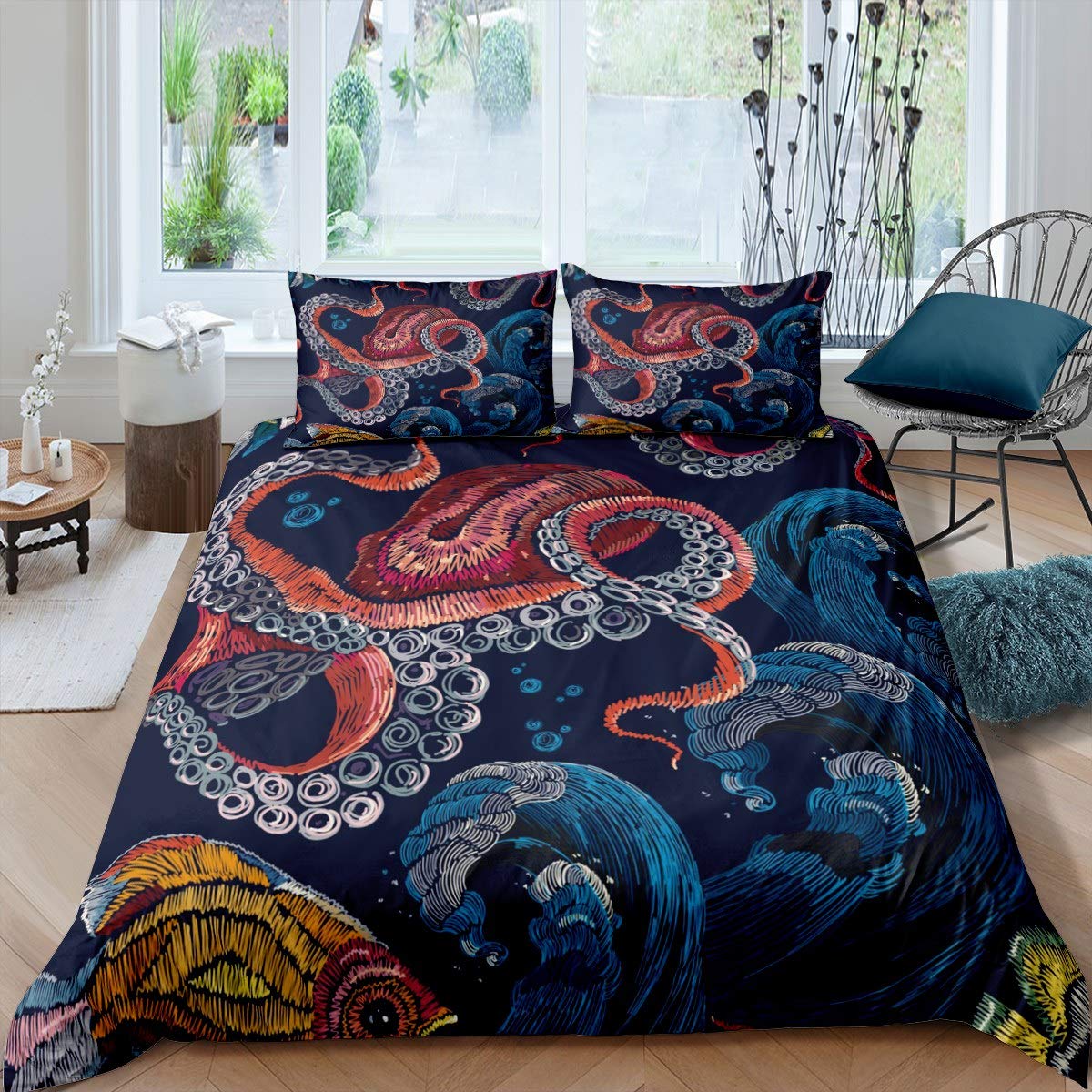 Octopus Print Bedding Set for Boys Children Teens Adults Ocean Kraken Comforter Cover Wave Pattern Duvet Cover Room Decor Sea Octopus Tentacles Bedspread Cover King Size Bedding Collection 3Pcs