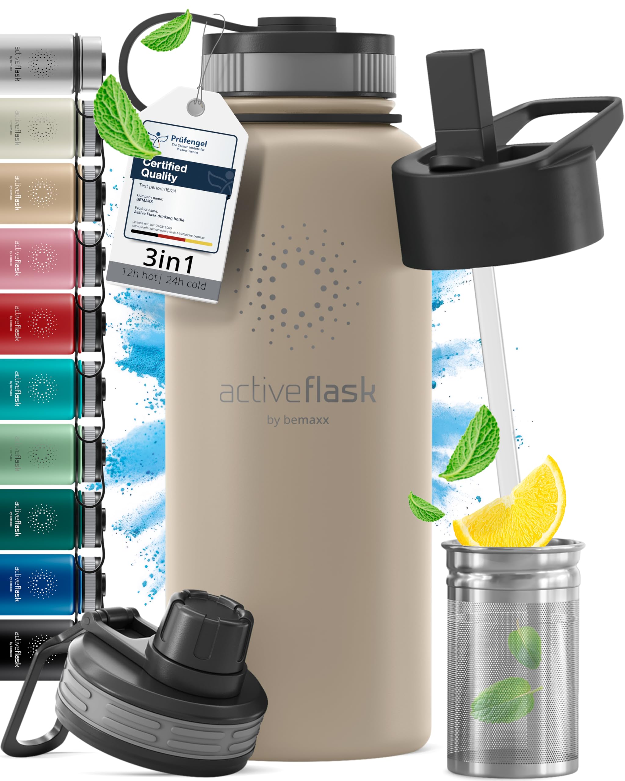 Stainless Steel Water Bottle with Straw & 3 Lids: 1 & 0,5L Leak-Proof BPA-Free Vacuum Insulated ACTIVE FLASK Drinking Bottles Hot Cold: Double Walled Outdoor Drink Thermo Mug Tea Coffee Sport Gym Bike