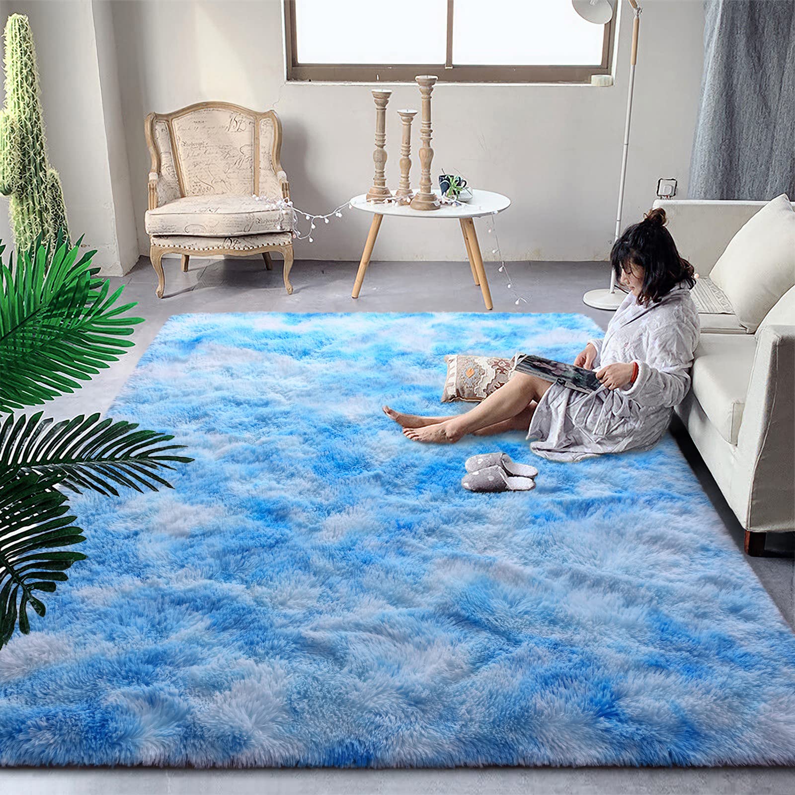 Photo 1 of DweIke Fluffy Blue Shag Rugs for Bedroom Living Room, 3x5 Feet Soft Plush Tie-Dyed Light SkyBlue Girls Boys Kids Rug, Upgraded Non-Slip and Machine Washable Carpet for Dorm Nursery Classroom Decor