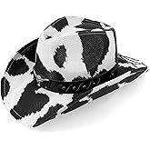 Cow Print Cowboy Hat for Men's Women's,Straw Western Cowgirl Hat with Unique Metalbull Hatband Black and White Bachelorette Party Hats