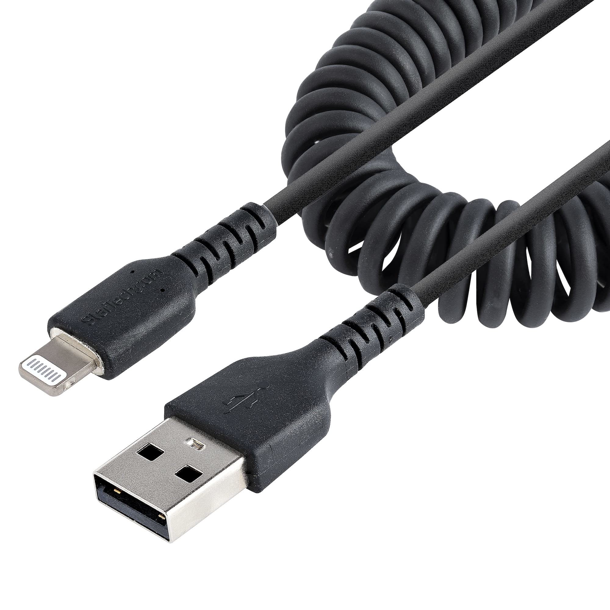 StarTech.com 1m (3ft) USB to Lightning Cable, MFi Certified, Coiled iPhone Charger Cable, Black, Durable TPE Jacket Aramid Fiber, Heavy Duty Coil Lightning Cable (RUSB2ALT1MBC)