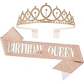 CAVETEE Champagne Gold Birthday Queen Crown and Sash Set - Rhinestone Tiara and Sash - Women's Birthday Decorations