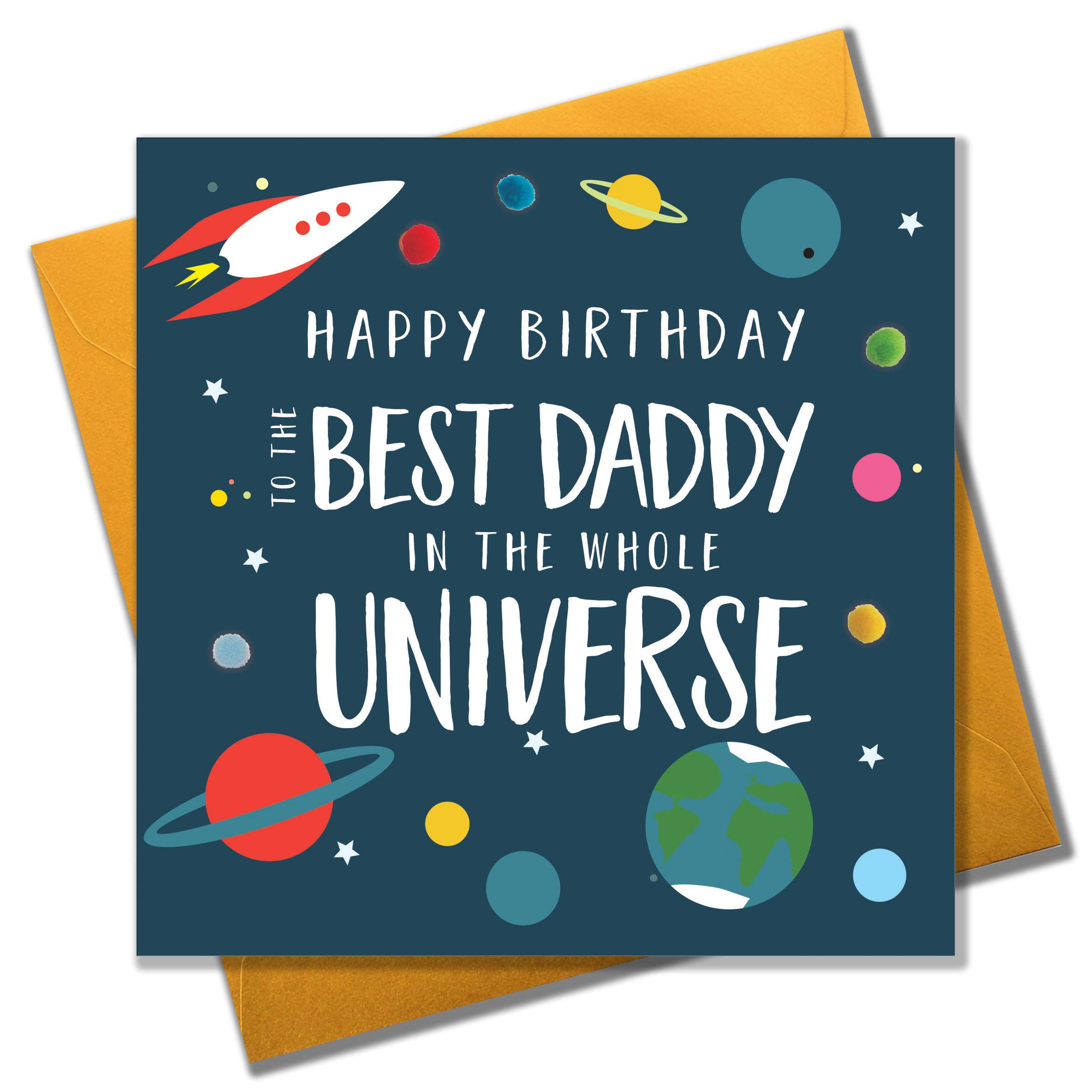 Claire Giles Greeting Cards, Happy Birthday Daddy Card, Spaceship design Birthday Greeting Card for the Best Daddy in the Universe, Embellished with colourful Pompoms
