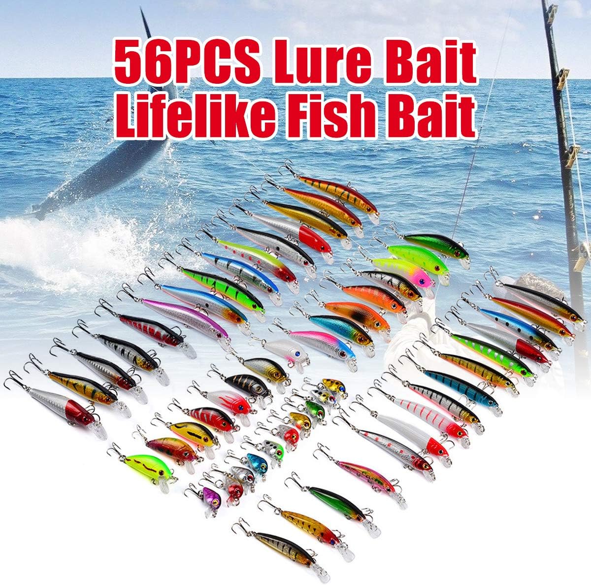 Slimerence 56PCS Fishing Lures, Soft Bait Lead Head Sea Fish Lures Kit Fishing Tackle Jigs Fishing Bait with Tackle Hooks