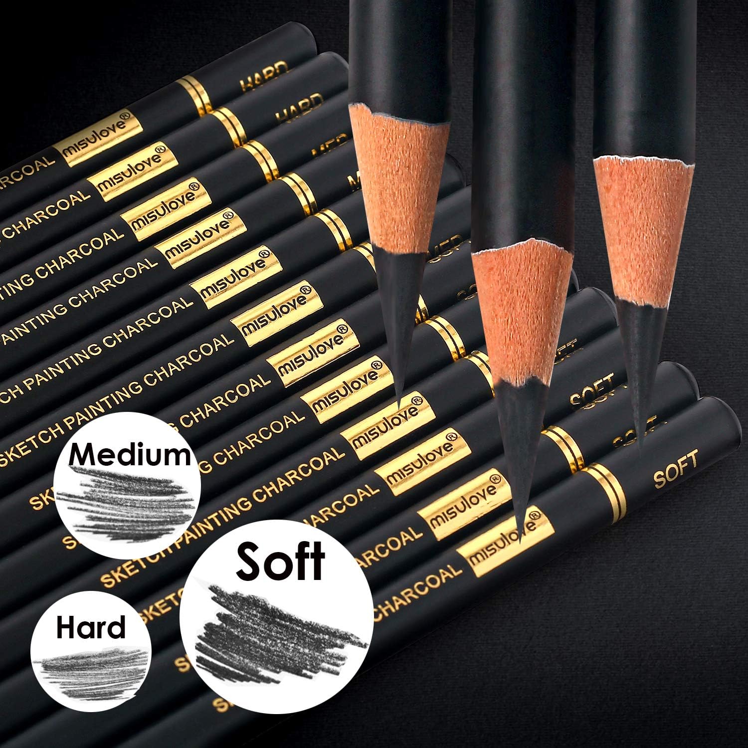 MISULOVE Professional Charcoal Pencils Drawing Set - 12 Pieces Soft, Medium & Hard Charcoal Pencils for Drawing, Sketching, Shading, Ideal Artist Pencils for Beginners & Artists : Office Products