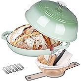 VORRINGARD Enameled Cast Iron Dutch Oven Pot with Lid, Bread Oven for Sourdough Bread Baking, Dutch Ovens with Bread Proofing Basket& Baking Supplies Set, 6 Quart, Green