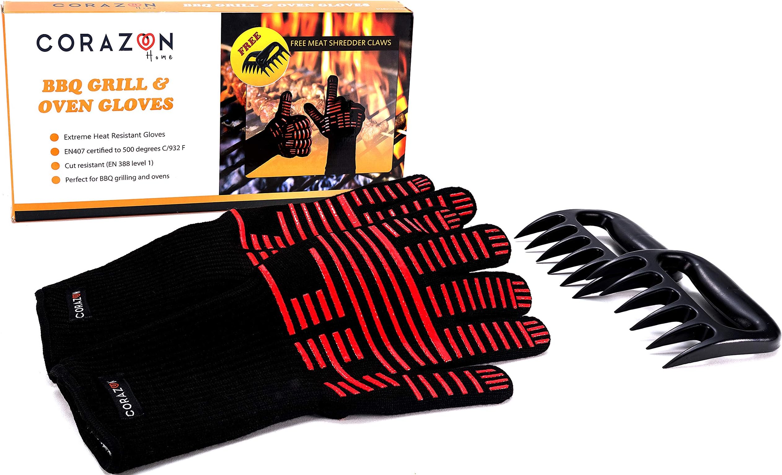 Extreme Heat Resistant Oven Gloves – Black BBQ Grill Double Gloves with Fingers – Ideal Barbecue Gloves, Big Green Egg, Baking, Cooking, Fire Pan and Pizza Oven – with Meat Shredder Claws (Small)