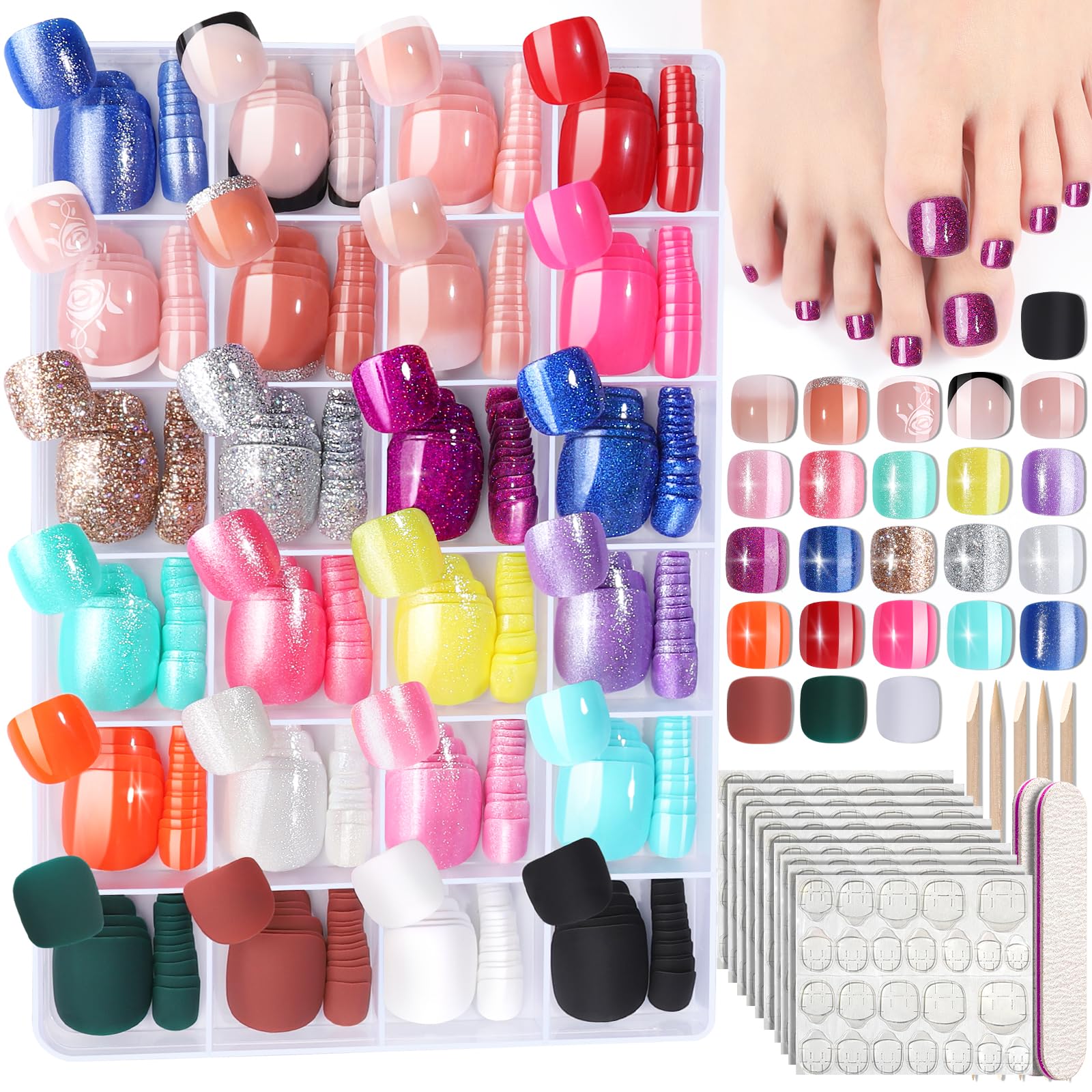 Photo 1 of FANDAMEI Press on Toenails, 24 Colors 576PCS Fake Toe Nails Short, French Tip Press ons, Glitter Glossy Matte for Nail Art