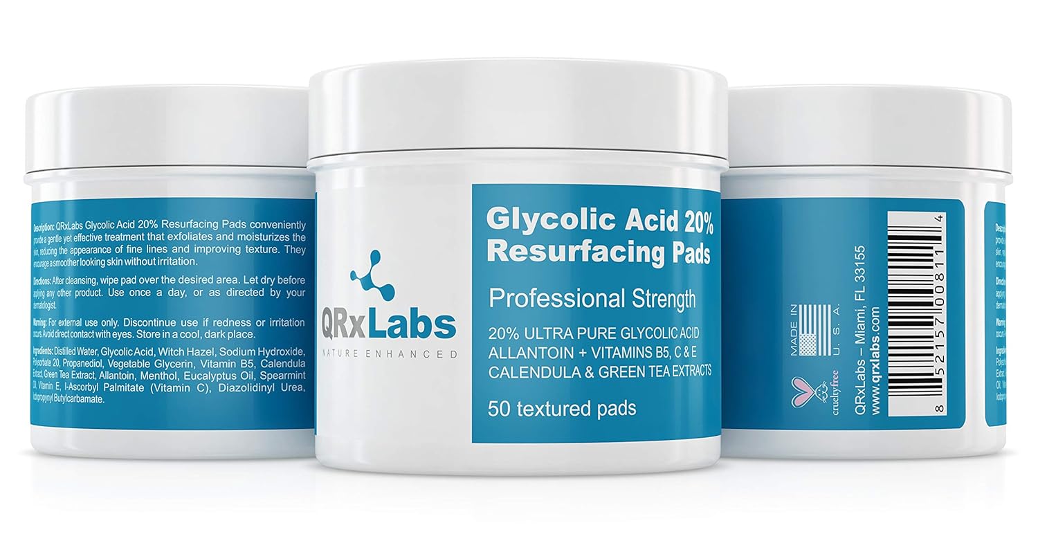 Glycolic Acid 20% Resurfacing Pads for Face & Body with Vitamins B5, C & E, Green Tea, Calendula, Allantoin - Exfoliates Surface Skin and Reduces Fine Lines and Wrinkles - Peel Pads: Beauty