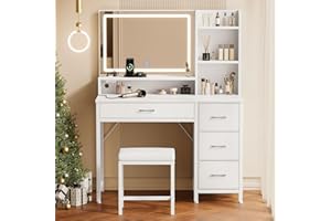 Rolanstar Vanity Desk with Mirror and Lights, Makeup Vanity with Upholstered Vanity Stool, 4 Drawers, Power Outlets, Vanity Set with 4 Compartments for Bedroom White
