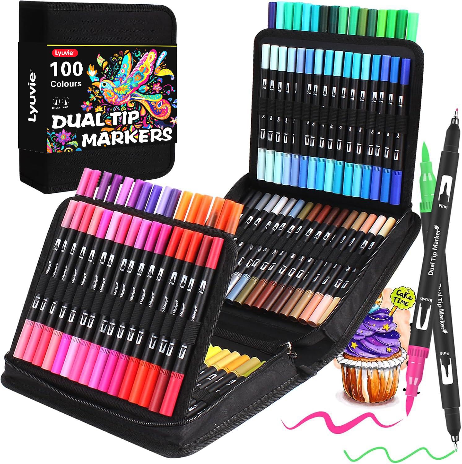 Lyuvie Colouring Pens, 100 Dual Tip Brush Markers with for Adults,Felt BrushTip Markers Fineline Coloured Pens with Case for Drawing,Colouring,Sketching, Easter,Christmas