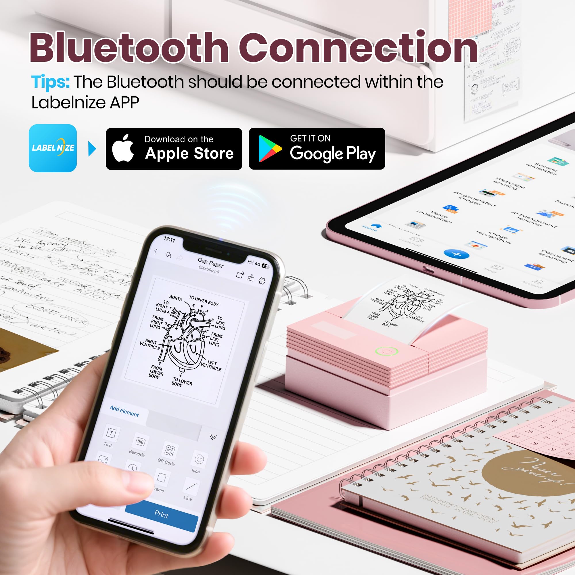 Sticker Printer, PM290C Portable Mini Printer, Inkless Bluetooth Sticker Maker with 3 Rolls Paper, Impresora Portátil for Notes, Journal, DIY, Gift, Print Pod for School/Office/Christmas, Pink