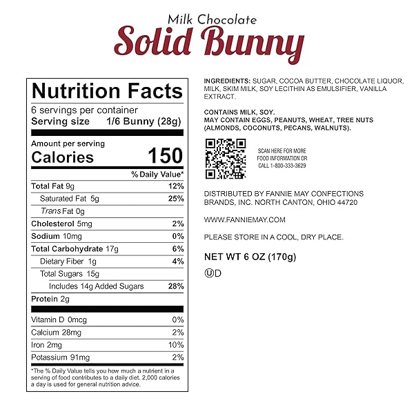 FANNIE MAY, 3 COUNT SOLID MILK CHOCOLATE BUNNY, EASTER BASKET STUFFERS, 6 OZ EACH