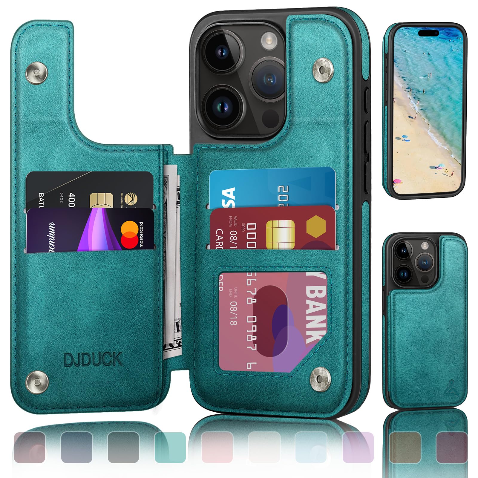 DJDUCK Designed for iPhone 16 Pro Max Case Wallet with Card Holder, [Magnetic Clasp Cover] [RFID Blocking Leather Protection] Shockproof Women Men Cases 6.9 Inch for Apple 16 Pro Max Blue Green