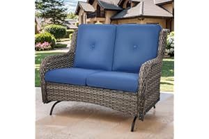 Bellefurn Patio Loveseat Wicker Loveseat Rattan Glider Sofa with Curved Armrest Thicking Back & Seat Cushions for Garden Balcony Backyard Grey Wicker|Blue Cushions (A) Patio Loveseat Glider