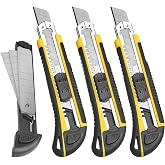DOWELL Utility Knife, Box Cutter Retractable,3 Pcs Blades Inside, 3-Pack | 3-pack retractable utility knife, 18mm SK5 snap-off blade, auto-change mechanism, TPR ergonomic handle, stores 3 blades