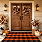 Fall Outdoor Rug 3'x5' Orange and Black Bufflao Plaid Rug Layered Mat | Fall Front Porch Décor Washable Halloween Doormat Farmhouse Thanksgiving Door Mats Rug for Front Porch, Entryway, Patio