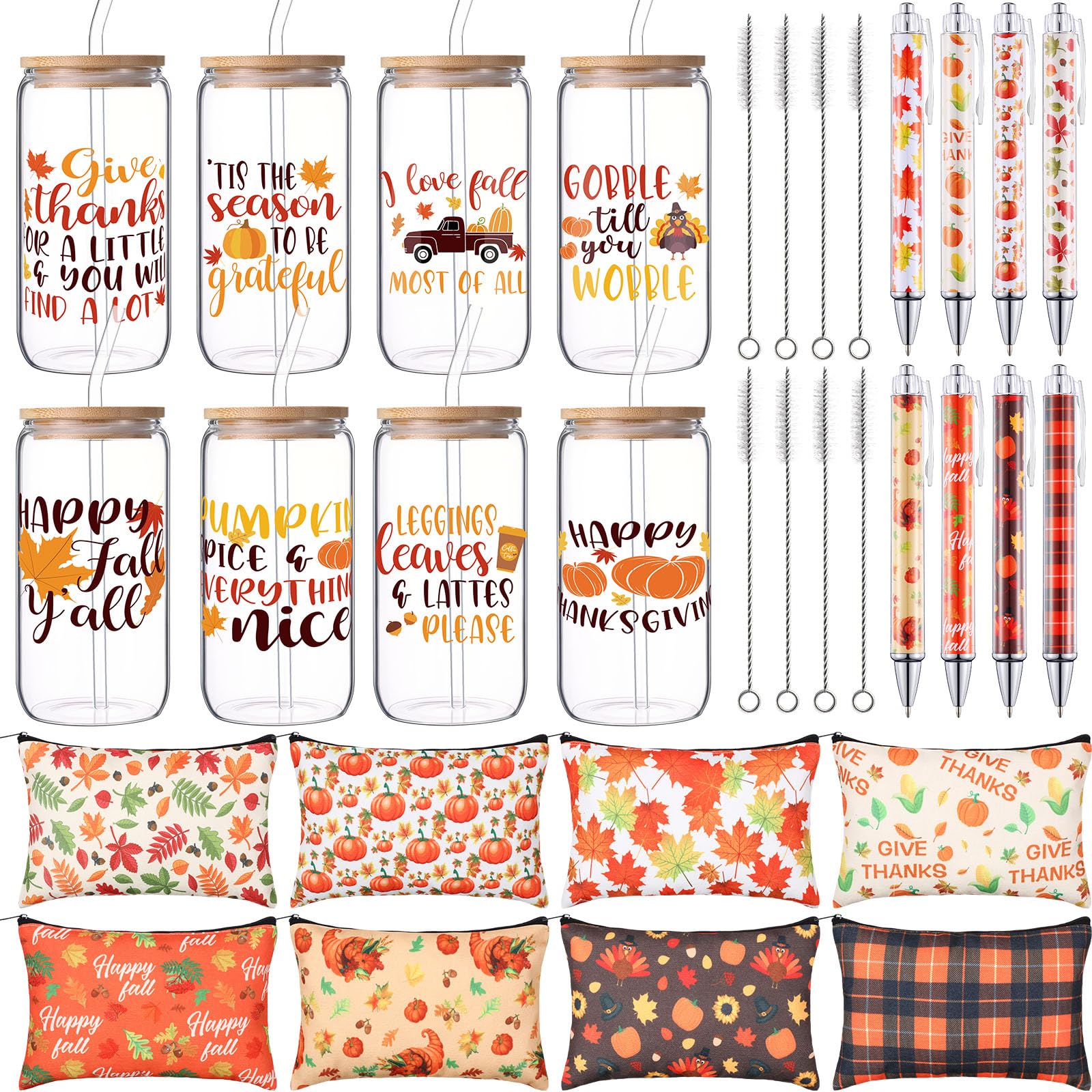 Photo 1 of Mimorou 8 Sets Fall Gift for Women Including 16 oz Fall Glass Tumbler with Lids and Straw Pumpkin Maple Leaves Acorn Cosmetic Bags Ballpoint Pens for Autumn Harvest Party Thanksgiving Gifts