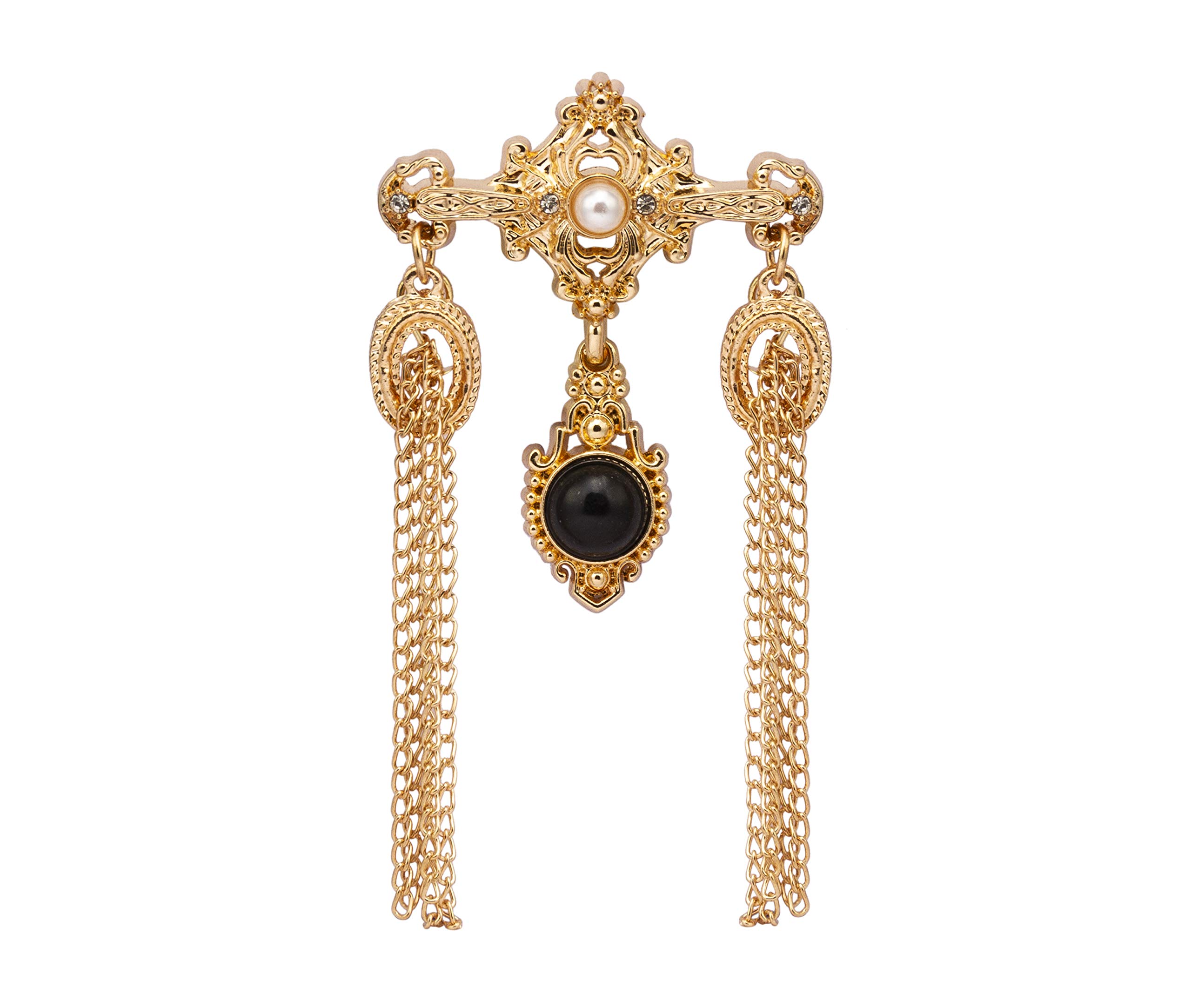 Brooch Lapel Pin for Men Gold Engraving Imitation Pearl Black Stone and Hanging Chain Metal Lapel Pin Badge Coat Suit Wedding Gift Party Shirt Collar Accessories