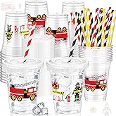 Pickmesh 50 Pcs Fire Truck Birthday Party Cups 12 oz Disposable Plastic Cups with Straws Lids and Leakproof Paper Clear Baby Shower Birthday Party Table Decorations Supplies Favor