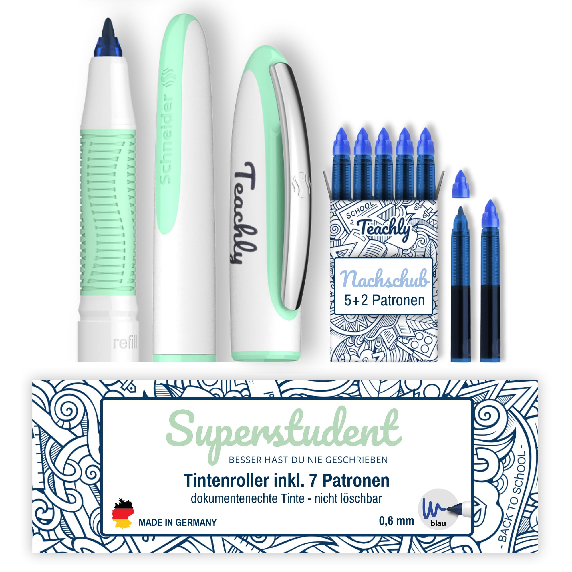 Teachly Superstudent Rollerball Pen - Refillable Pen for University, School & Office (Mint) - Includes 7 Ink Cartridges (Blue)