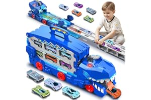 NIWOED Toddler Monster Car Truck Toys for 3 4 5 6 7 8 Years Old Boys, Dinosaur Transporter Truck Track Set with Die-Cast Cars Toys Playset, Transforms into Dino Racing Car with Sound Gifts for Age 3 4 5 6