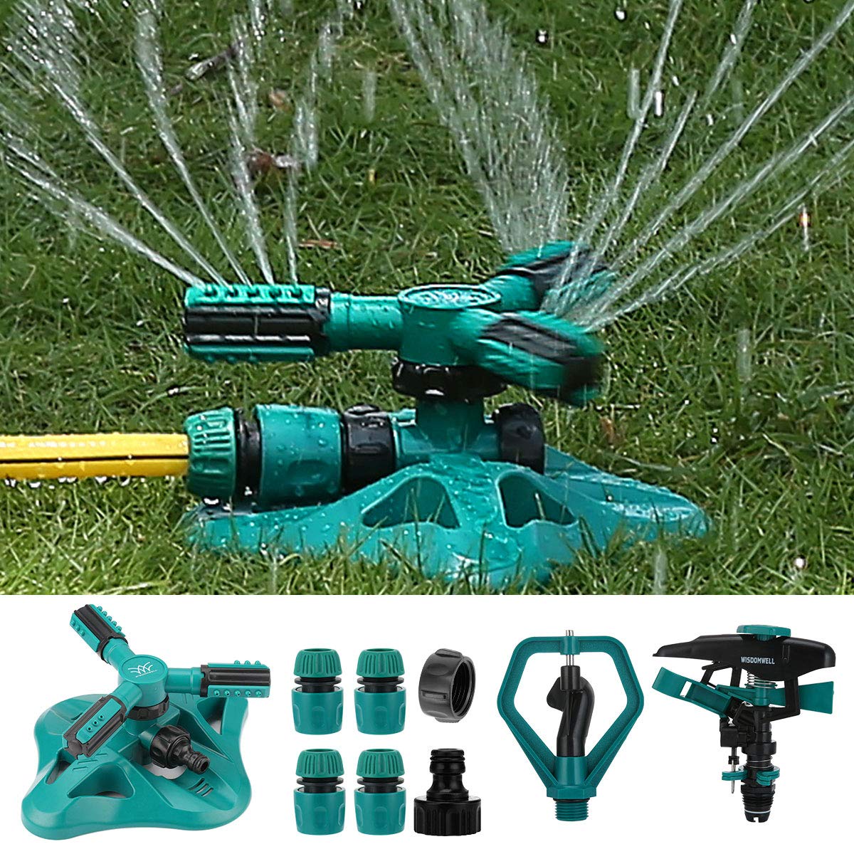 WISDOMWELL Garden Sprinkler Adjustable water spray range Suitable for large areas of lawn Automatic 360 Degree 3 Arm Rotating Sprinkler System Sprinklers (1Sprinkler+4Connectors+2 Sprinkler Head)