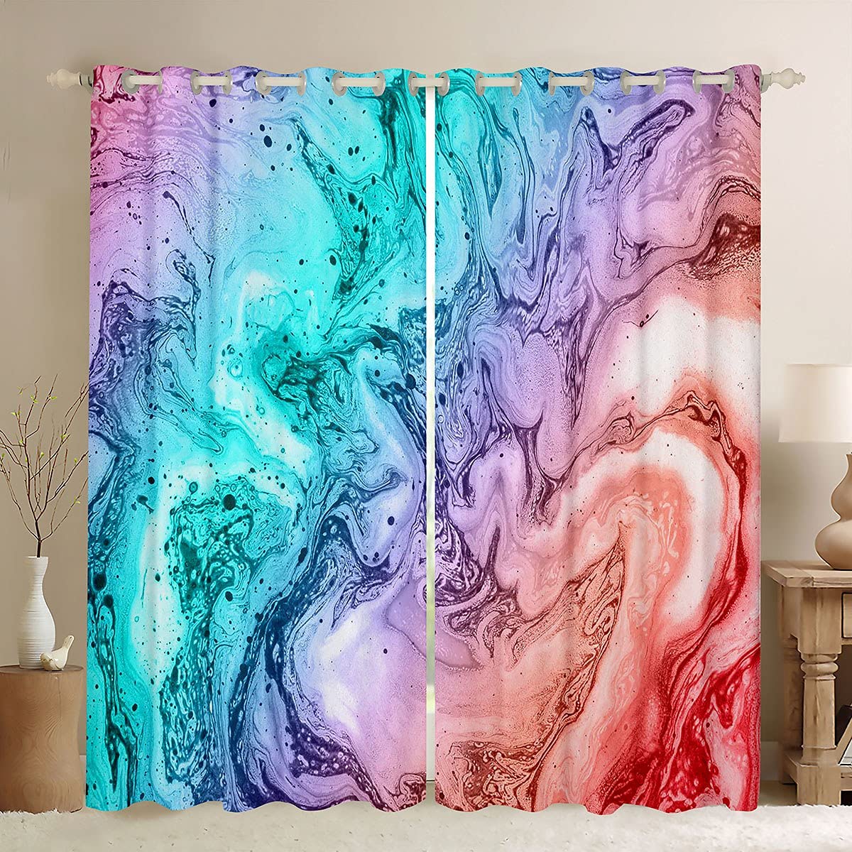 Homemissing Colorful Marble Window Curtains For Bedroom Living Tie Dye Curtains For Kids Girls Girly Pink Blue Purple Marble Window Drapes Abstract Art Treatments,W66*L72