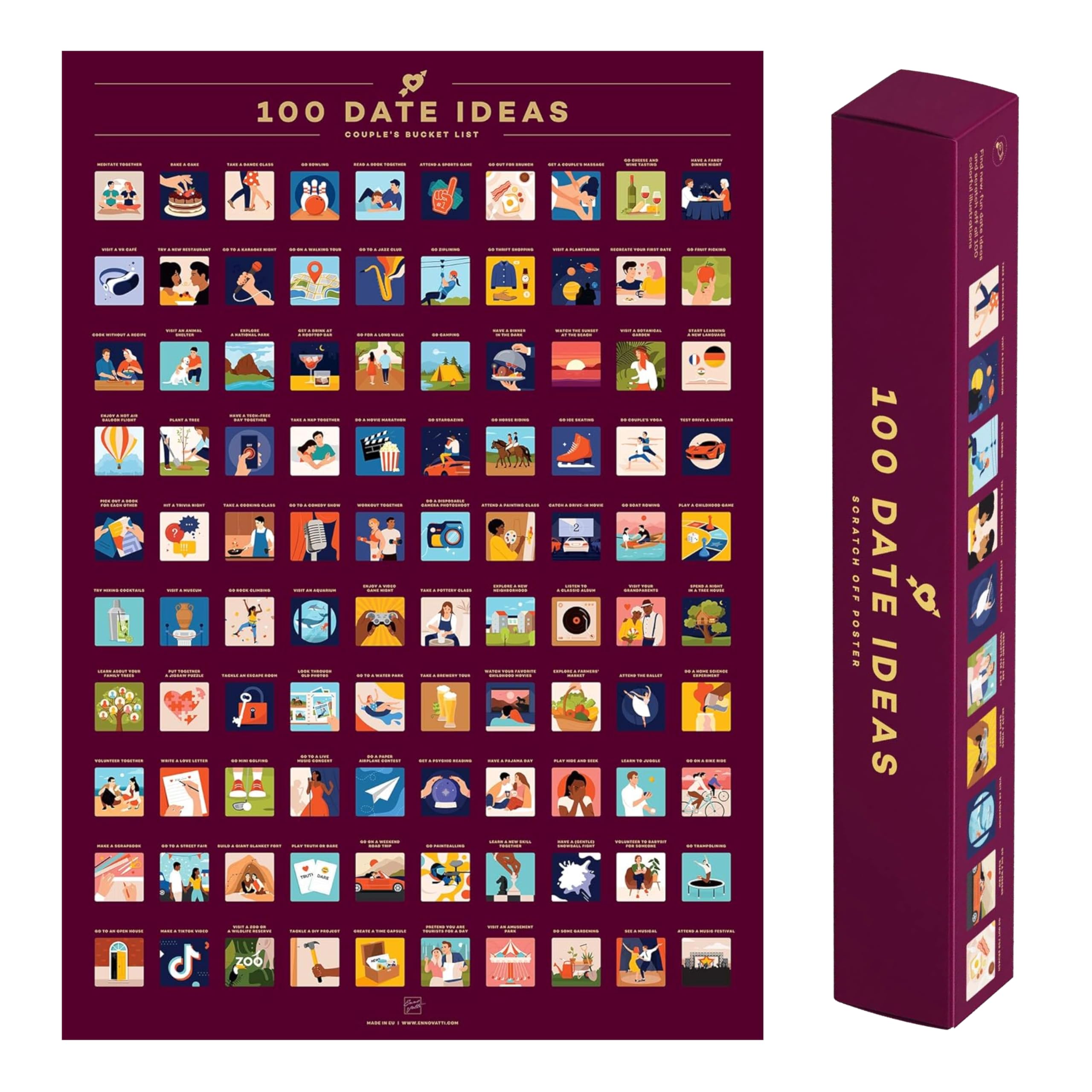 Enno Vatti 100 Dates Scratch Off Poster -Couples Romantic Date Ideas & Cute Things to Do Together - Best for Anniversary, Valentines Day, Date Night and Couples Activities โ image 1
