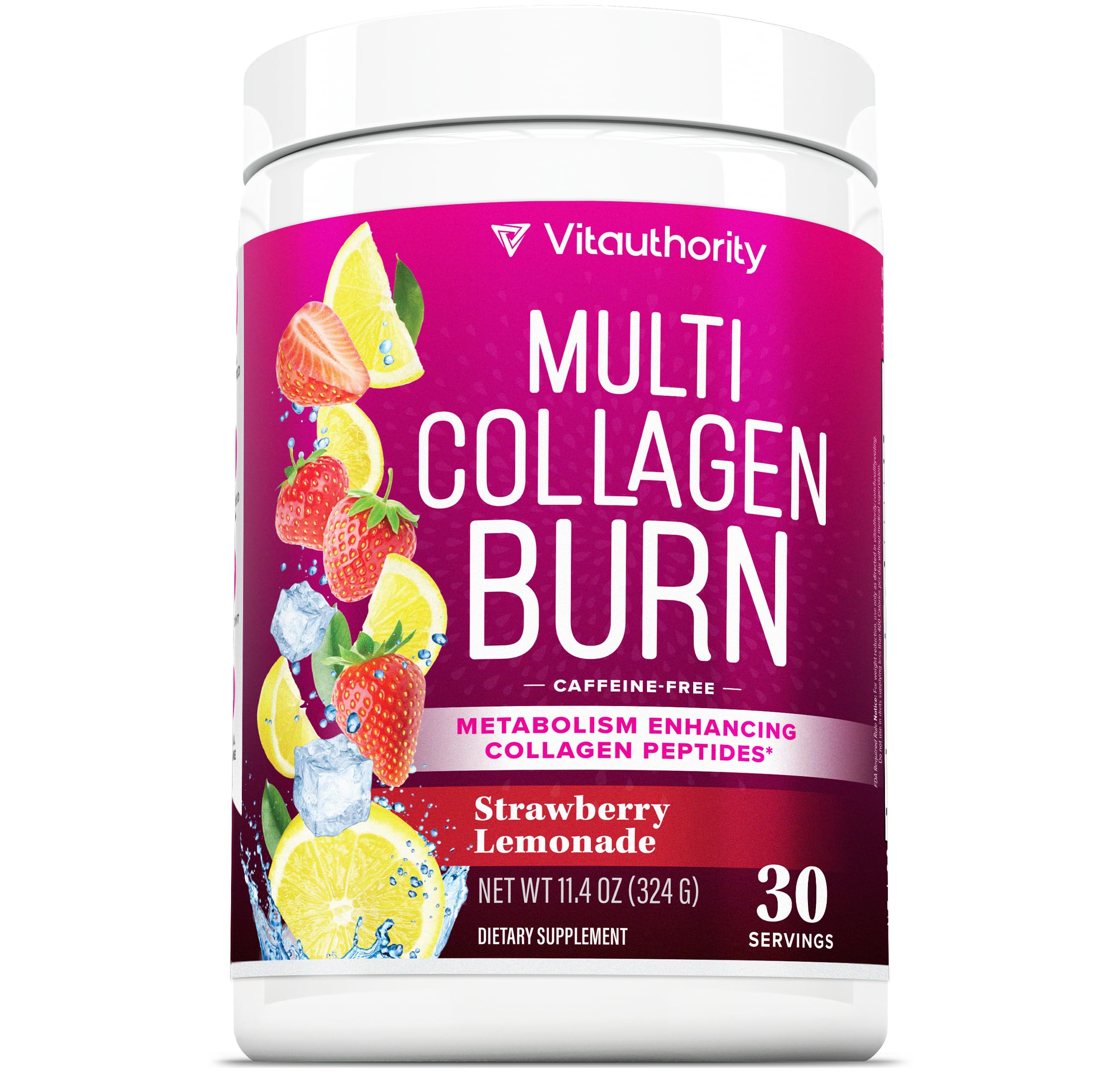 Multi Collagen Burn: Hydrolyzed Protein Peptides with Hyaluronic Acid, Vitamin C, SOD B Dimpless, Types I, II, III, V and X, Caffeine-Free Strawberry Lemonade Flavored 30 Servings