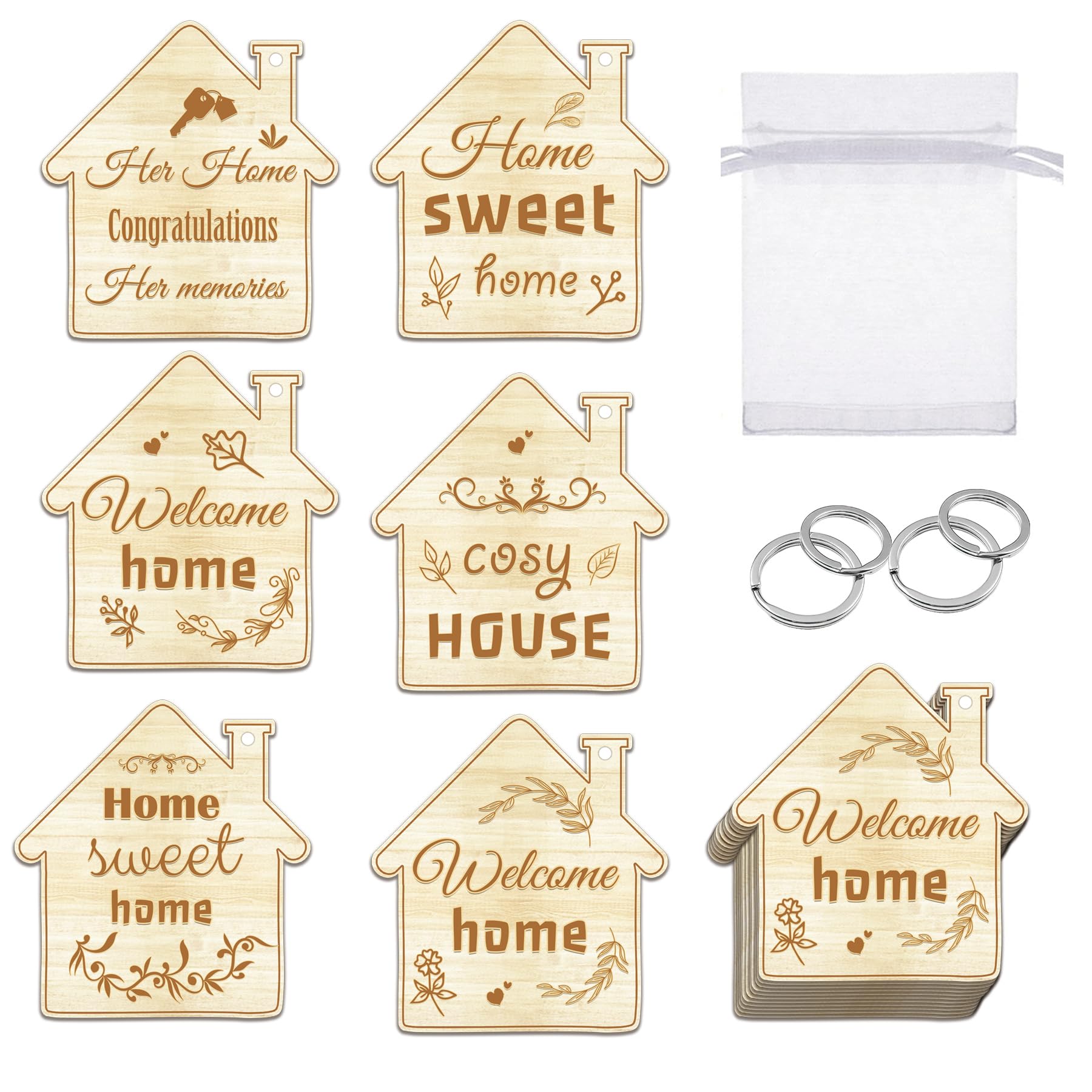54 Set Welcome Fashion New Home Key Chain Bulk Cute Welcome Home House Key Chain New Ring Decoration with Transparent-Gauze Bags for Real Estate Gifts Family Client Buyer Customer